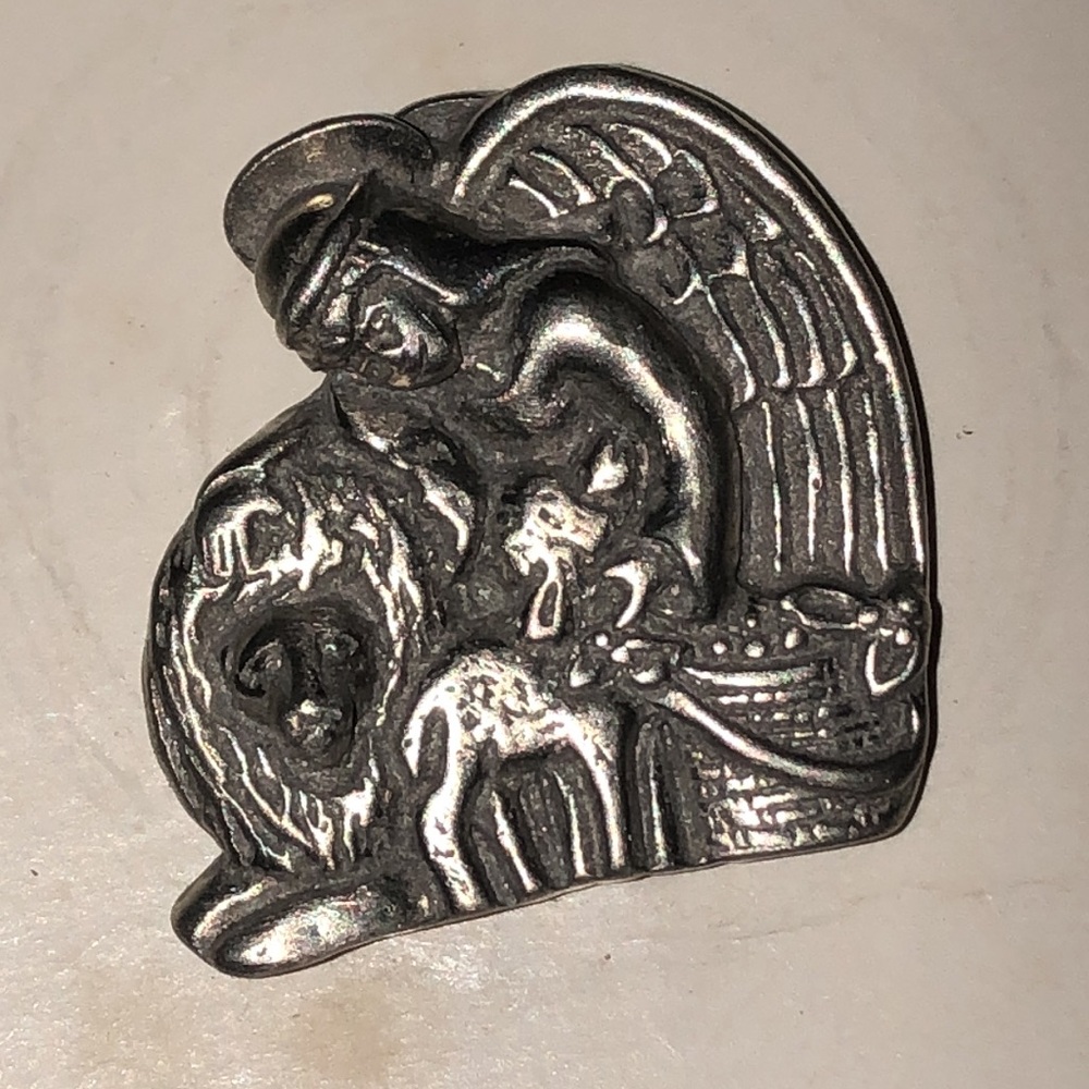 Silver Tone Fine Pewter Angel Lion Lamb Religious Brooch Pin